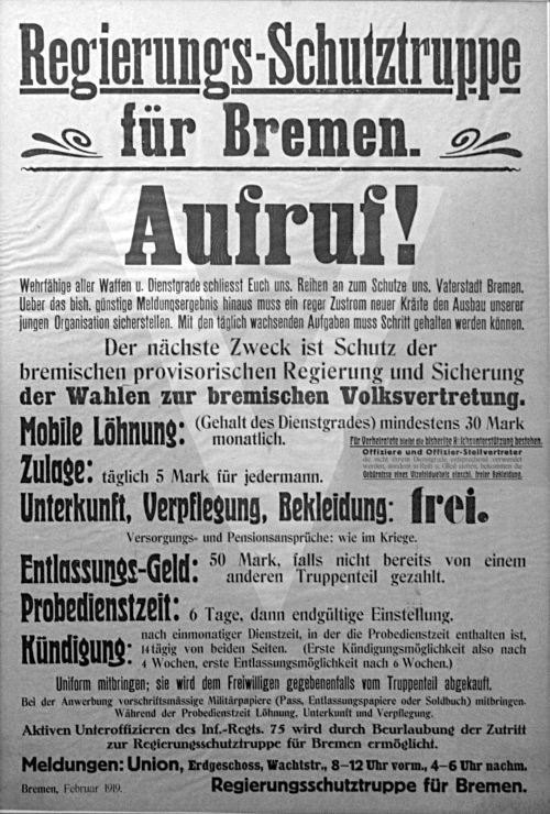 Nach Niederschlagung der Räterepublik in Bremen wurde vom Militärbefehlshaber eine provisorische Regierung aus Mitgliedern der Mehrheitssozialisten (MSPD) eingesetzt. Eine der ersten Tätigkeiten war die Gründung einer „Regierungsschutztruppe“.