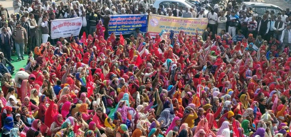 Streikdemonstration während des Generalstreiks in Palwal im Bundesstaat Haryana