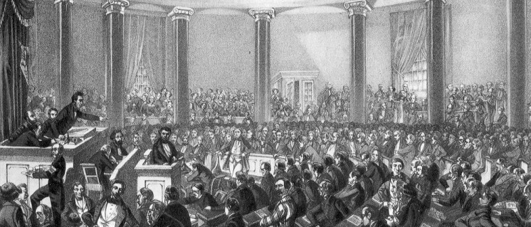 Frankfurt am Main, Paulskirche: Sitzung der Nationalversammlung, wahrscheinlich im Juni 1848. Sprecher ist Robert Blum. Zeichnung von Ludwig von Elliott, 1848 (Foto: public domain)
