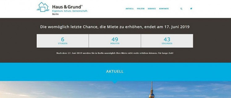 Auf seiner Website warb „Haus & Grund“ mit einer „Doomsday-Clock“ am Vortag der Entscheidung des Berliner Senats für die Erhöhung der Mieten.  (Foto: Screenshot)