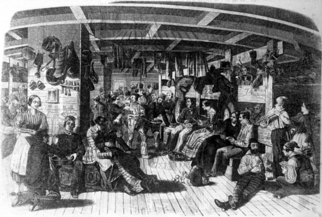 Deutsche Auswanderer auf dem Weg in die USA auf dem Schiff „Samuel Hop“ (geschönt, Zeichnung), 1850