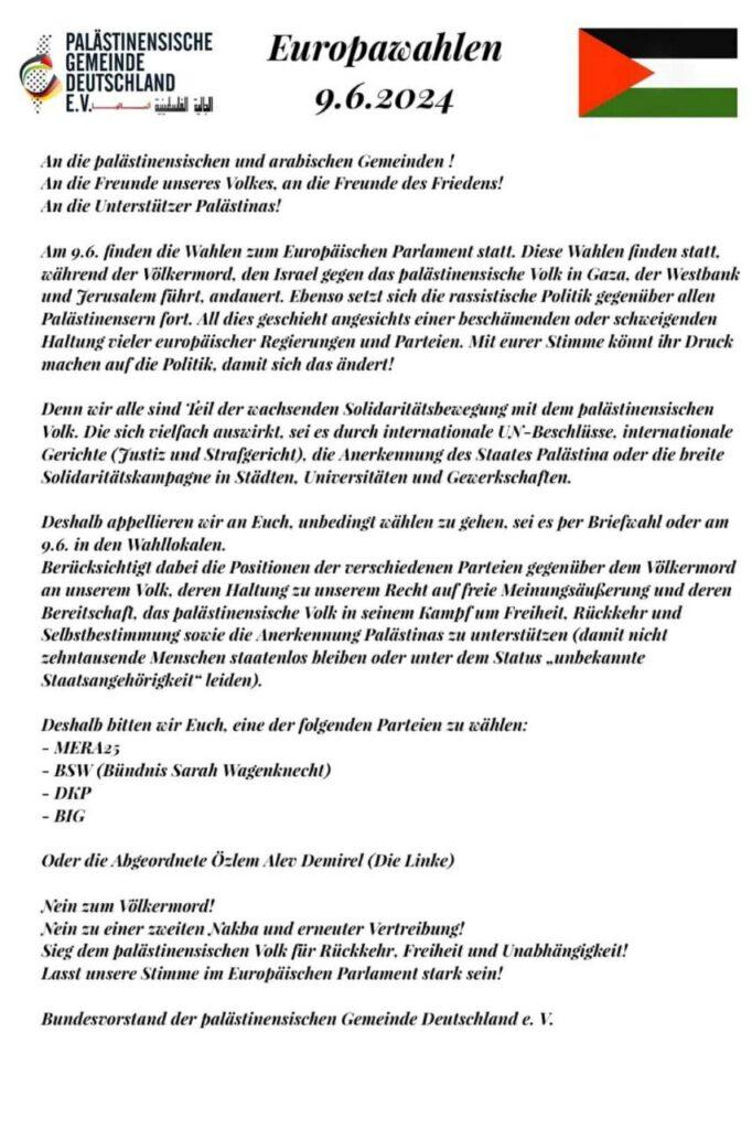 Wahlempfehlung Palaestinensische Gemeinde Deutschland - Solidarität wählen! - DKP, Palästina-Solidarität, Palästinensische Gemeinde Deutschlands - Blog